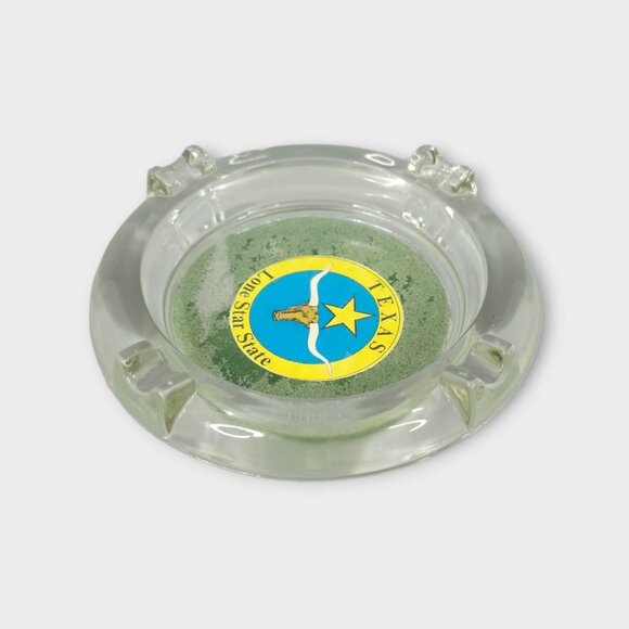Texas Lone Star State Glass Ashtray Round 4 Slot Longhorn Souvenir Yellow Blue - Picture 11 of 11